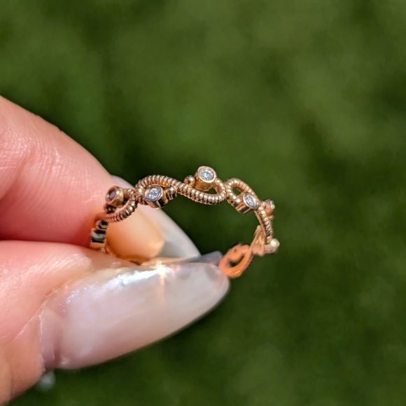 14K Rose Gold Diamond Milgrain Floral Vine Style Band Ring - Picture 3 of 10